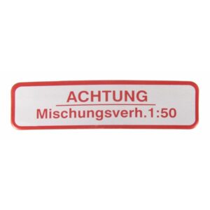 Aufkleber "Achtung Mischungsverh.1:50" fuer Vespa 50-125/PV/ET3/ 125 VNB-TS/150 VBA-Super/Rally/PX/PE fuer Vespa 50-125/PV/ET3/ 125 VNB-TS/150 VBA-Super/Rally/PX/PE