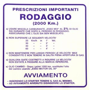 Aufkleber Einfahrvorschrift, RODAGGIO fuer Vespa 125 VNB/GT/150 VBB/GL fuer Vespa 125 VNB/GT/150 VBB/GL